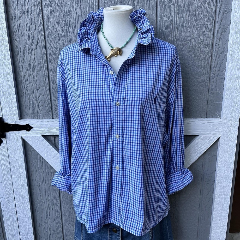 Upcycled Re-worked Ralph Lauren Performance Blue Check Ruffle Collar Shirt XXL - Picture 2 of 9